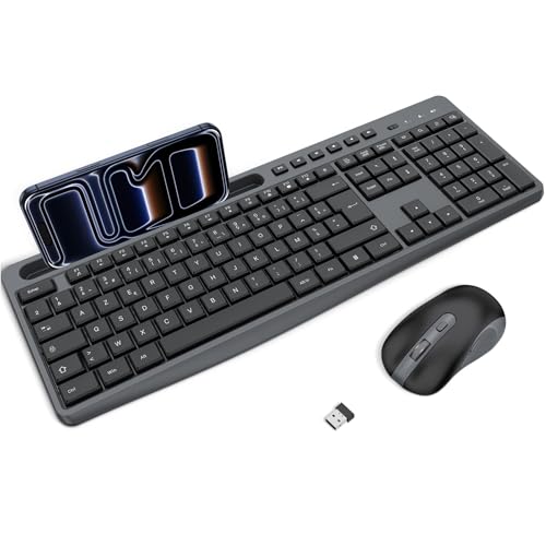OMOTON AZERTY Wireless Keyboard and Mouse, 2.4 GHz Wireless Keyboard and Mouse Set, Standing, Quiet, Multimedia, Ergonomic, Full Size Compatible with Windows/Linux PC, Ideal for Office (Black-Grey)