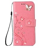 Auroralove iPhone X Luxury Handmade Bling Rhinestone Soft Slim Flip Stand Wallet Case for iPhone X Flower Butterfly PU Leather Case for Girls Women (iPhone X, Pink)