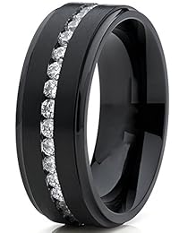 Metal Masters Co. Anillo de boda de titanio negro para hombre con circonita cúbica, ajuste cómodo, 0.315 in