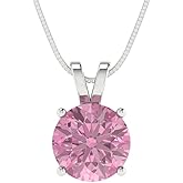 Clara Pucci 14K White Gold Plated Solitaire 16" Box-Chain Necklace - Sterling Silver 2.5ct Round Cut Pink Diamond Pendant