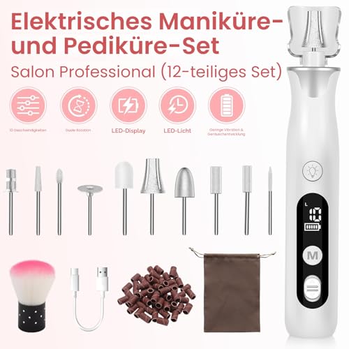 Electric Manicure / Pedicure Set, Nail Feles, Nail Cutter and Callus Remover with 10 Attachments for Nail Care, with 10 Speeds, LED Light, Storage Bag