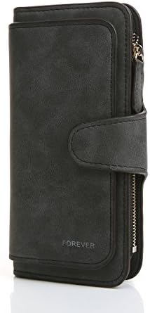 Women Short Wallet Leather Small Minimalism Zipper Card Holder Purse (Long Black)