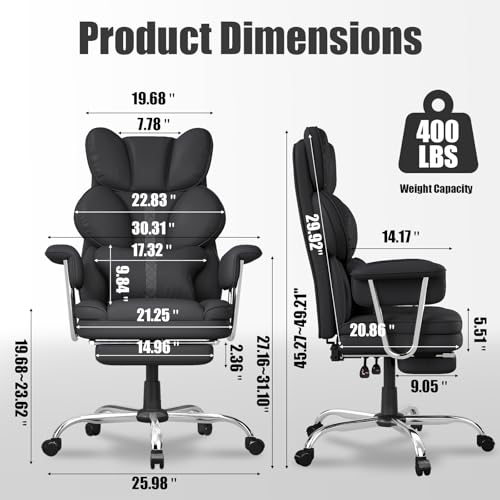 Big and Tall Office Chair,Leather Executive Office Desk Chair with Lumbar Support,400bls Comfy Ergonomic High-Back Reclining Computer Chairs,Swivel Rolling Wheels and Retractable Footrest