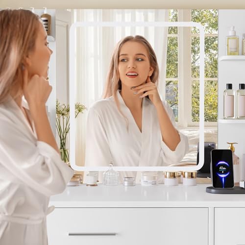 TEENFON Vanity Desk with Large Mirror & Adjustable LED Lights, Makeup Vanity with Power Strip & 5 Jewel Hooks, Dressing Table with 4 Drawers & 6 Open Shelves for Bedroom, White