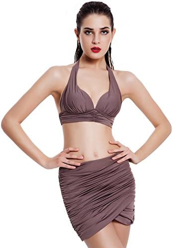 YILANG Women High Waist Bikini Halter 2 Pieces Swim Dress Push Up Padded Biquini