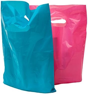100 large glossy pink & teal plastic merchandise bags w/die cut handles 12x15", retail shopping bags perfect for small shops & stores, trade shows, garage sales & events