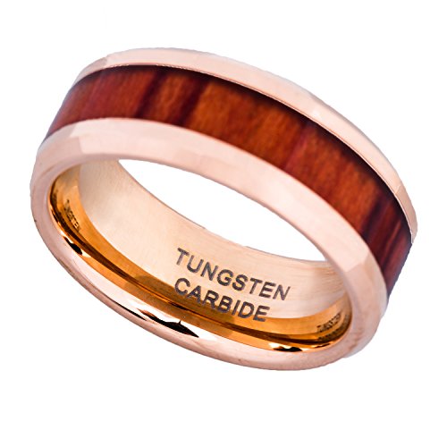 18K Rose Gold Wedding Tungsten Carbide Rings with Wood Inlay 8mm Men Bands