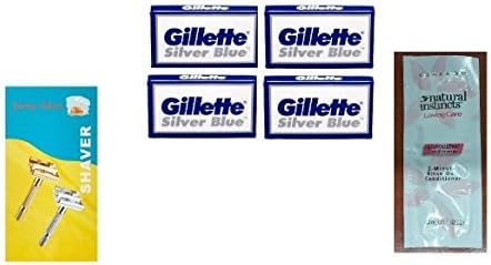 Shaving Factory Double Edge Safety Razor, Silver + Silver Blues Double Edge Blades, 5 ct. (Pack of 4) with FREE Loving Color trial size conditioner