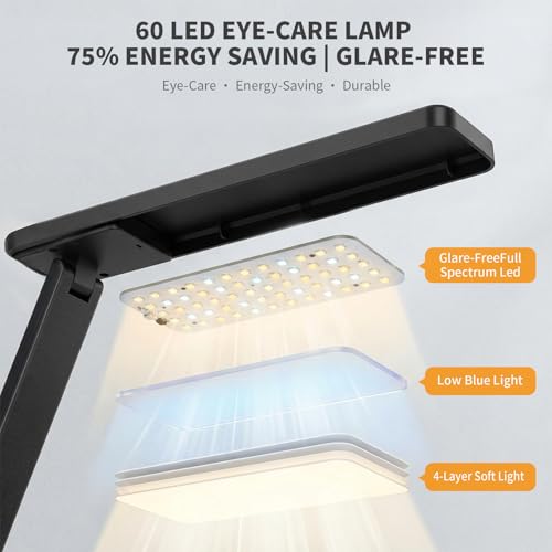 YAMYONE Lámpara de Escritorio LED con Puerto USB, Control Táctil, Luz Protectora Ocular, 5 Modos de Color y 5 Niveles de Brillo, Ideal para Dormitorio, Estudio y Mesita de Noche (Negro)