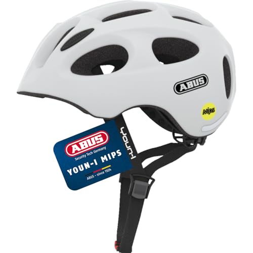 ABUS Kinderhelm Youn-I MIPS - Fahrradhelm mit Licht, Reflektoren und Aufprallschutz (MIPS) - für Mädchen und Jungen - Weiß Matt, Größe S