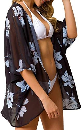 Pingtr Summer Boho Floral Printed Kimono Cardigan, Women Beach Tops Print Swimwear Cardigan Swimsuit Bikini Cover Up