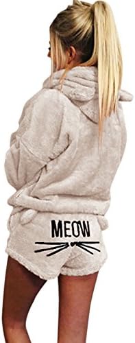 SEENFUN Women’s Pajamas Cozy Sleepwear Fleece Meow Embroidered Hoodie Pj Set