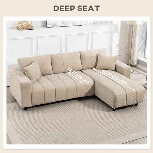 HOMCOM Sectional Couch with Changeable Chaise, Integrated Seat, 95" Large 3 Seater L-Shaped Sofa with Spring Cushion, 2 Pillows, Steel Frame, Sectional Sofa for Living Room, Beige