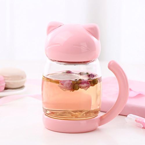 3D Cute Cat Glass Tea Cup with a Lid &amp; Strainer Portable Cute Cat Tail Heat Resistant Mugs Free with a Coasters Lovely Kitty Cup for kids &amp; Child Home Office Décor (Pink)