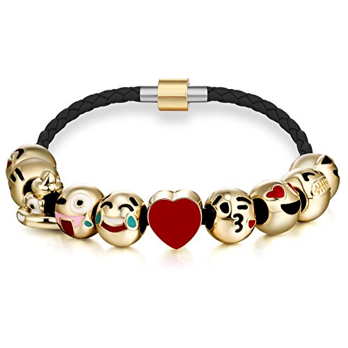 Emoticon Charms Bracelet 18K Gold Plated With 10 Pieces of Interchangeable Enamel Smiley Faces Black Leather Bracelet #4