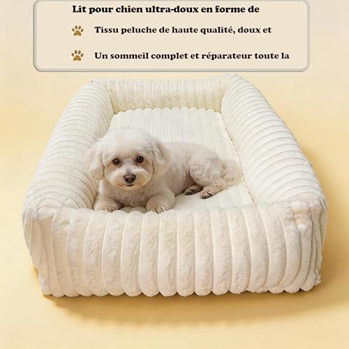 CareCooo XL Rectangular Cream Wavy Texture Dog Bed - Fluffy Cotton Filled Bed, Raised Edges, Removable Washable Cover, Non-Slip