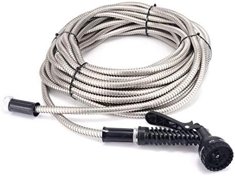 PTPTRATE 100ft Metal Expandable Garden Hose Stainless Steel Flexible Pipe/ 7 Function Garden Hose Spray Gun/Black Spray Pipe/Aluminum for Watering