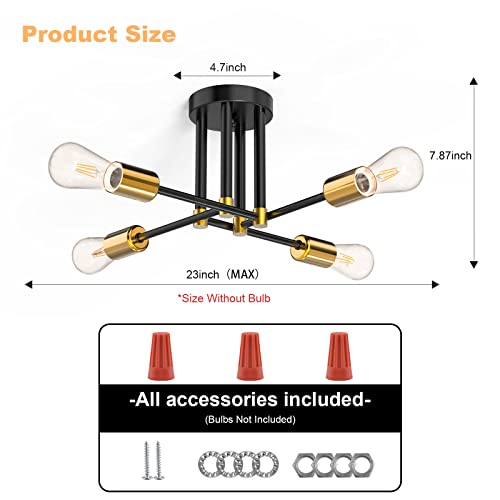 Kuwork Semi Flush Mount Ceiling Light Fixture, Black & Gold Industrial 4 Lights Sputnik Chandelier with E26 Base, Mid Century Lamps for Kitchen Bedroom Living Room Dining Room Hallway Entryway
