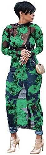 ReciousWomens Sexy Long Sleeve Turtleneck Floral Printed See-Through Bodycon Party Clubwear Dress
