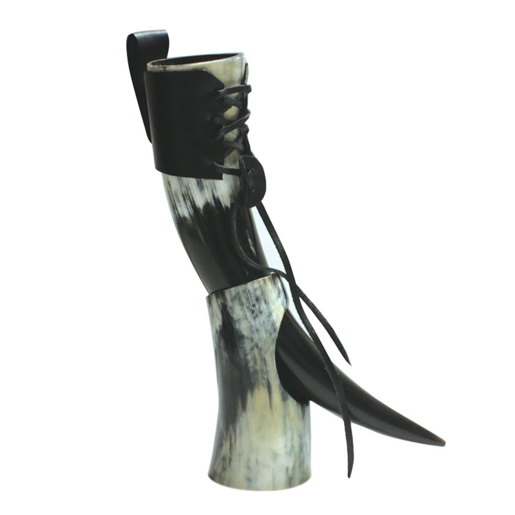 HORNCRAFT Viking Drinking Horn with Stand and Leather Holder | Genuine Ox Horn | Polished Finish | 11 to 15 Inches in Length | Drinking Cup | Viking Beer Mug | Perfect for Re-Enactment