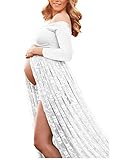WhiteMaternity-Dress off Shoulder Long Sleeve Chiffon Gown Split Front Maxi Pregnancy Photography-Dress for Photoshoot (A-White)