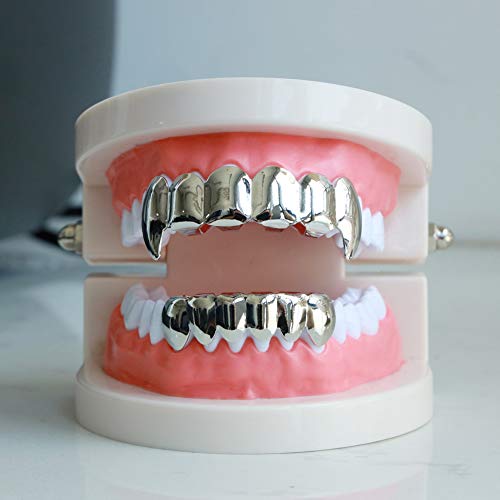 24K Plated Gold Grillz Vampire Fangs Caps Top and Bottom Grill Set