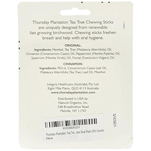 Thursday Plantation Tea Tree Cinnamon & Original Chewing Sticks Dual Pack (200 Counts) Grocery & Gourmet Food, Candy & Chocolate, Chewing & Bubble Gum