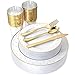 I00000 25 Guest Gold Plastic plates with Silverware & Gold rim Cups, Includes 25 Dinner Plates, 25 Salad Plates, 25 Forks, 25 Knives, 25 Spoons, 25 Tumbles (Dots White/Gold)