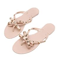 DeerYou Womens Jelly Flip Flops Summer Beach Rivets Bow Thong Sandal Flat Rain Shoes Beige