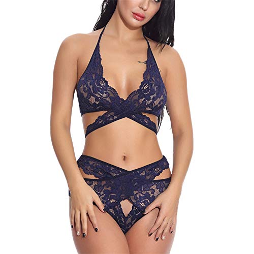 CofeeMO Cross Wrap Lace Ultra-Thin Two-Pieces Lingerie Suit,Sexy Underwear Halter Pajamas for Women(Blue,L)