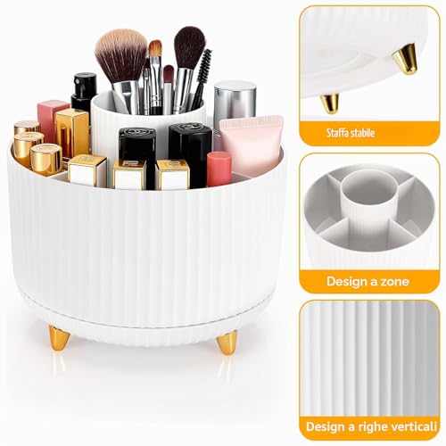 Staranry 360° Rotating Makeup Organizer Holder, Makeup Brush 5 Grids, Multifunction Cosmetic Makeup Organizer, Swivel Organizer for Dresser, Bedroom, Bathroom (White)