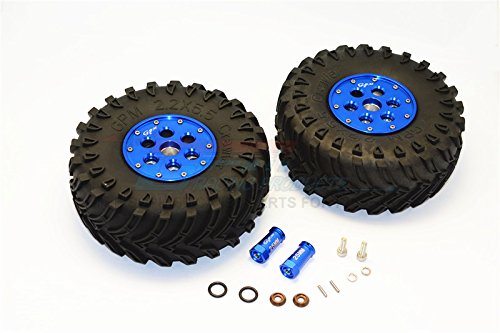 Axial SCX10 II Upgrade Parts (AX90046, AX90047) 2.2 Inch Rubber Tires With Aluminum Beadlock Weighted Wheels & 25mm Hex Adapters - 1Pr Set Blue