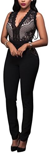women sexy sleeveless v-neck mesh lace bodycon clubwear romper jumpsuit Black M