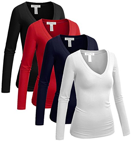 Emmalise Long Sleeve V Neck T Shirt Women Tee - 4pk-black,white,navy,red, M