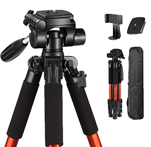 VICTIV 65 Inch Travel Tripod for Camera, 8.8 lbs Load Capacity Aluminum Lightweight Portable for Video Shoot With Extra Quick Release Plate and Phone Clip (Orange)