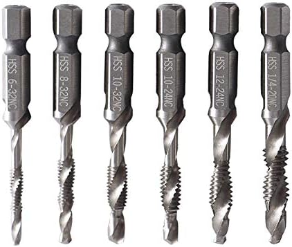 Saiper 6pcs Combination Drill and Tap Bit Set, HSS 1/4" Hex Shank Tap Drill Bits SAE 6-32NC 8-32NC 10-32NC 10-24NC 12-24NC 1/4-20NC