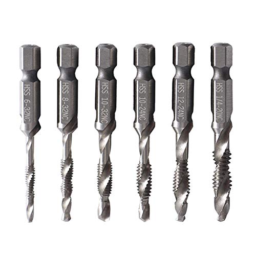 Saiper 6pcs Combination Drill and Tap Bit Set, HSS 1/4" Hex Shank Tap Drill Bits SAE 6-32NC 8-32NC 10-32NC 10-24NC 12-24NC 1/4-20NC
