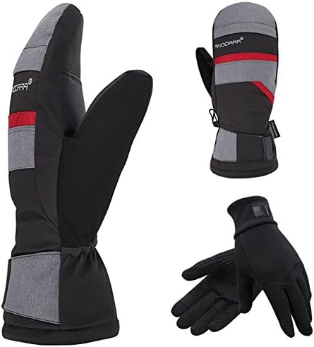 2-in-1 Touch Screen Winter Ski Mitts + Liner Gloves, 3M Thinsulate, Hidden Pocket, Red, L/XL
