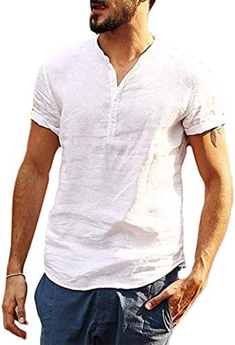 Mens V Neck Cotton Linen Henley Shirts 3/4 Sleeve Banded Collar T-Shirt Loose Fit Summer Beach Tops