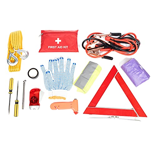 Roadside Assistance Emergency Car Kit First Aid Kit, Jumper Cables, Tow Strap, led Flash Light