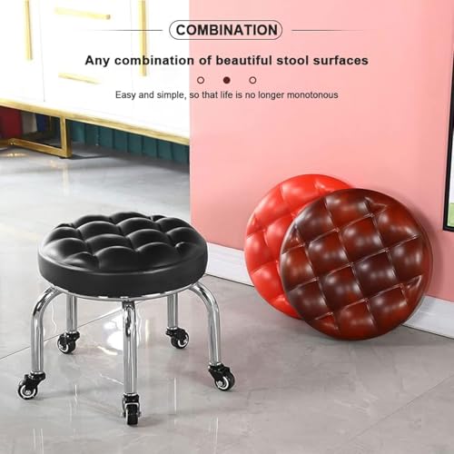 Professional Rolling Pedicure Stool| Low Chair With Tufted Cushion| Round Swivel Mini Stool Pu Leather (Black)