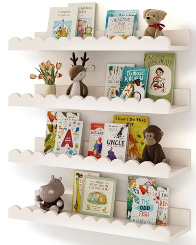 Shario Nursery Book Shelves, 4-Pack White Floating Shelves for Wall Kids, Scalloped