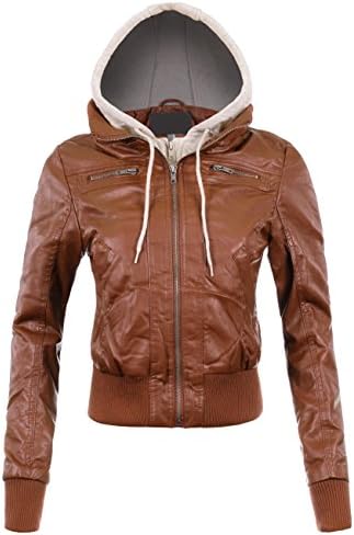 BEKTOME Womens Fleece Hood Faux Leather Zip Up Moto Biker Bomber Jacket -S-Cognac