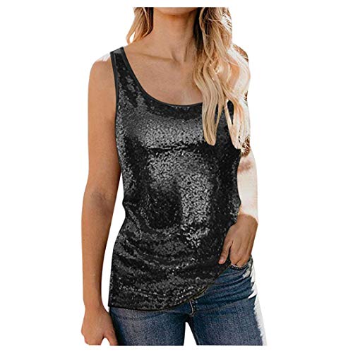 DaoAg Women's Sequin Tank Tops Sleeveless Round Neck Glitter Camisole Shimmer Vest (Black, L)