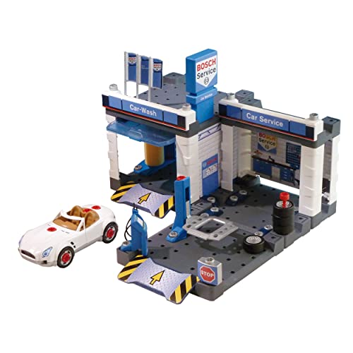 Theo Klein 8647 Stazione di Servizio per Auto Bosch con impianto di Lavaggio e Piattaforma di Sollevamento Regolabile, Auto smontabile, 41 x 39 x 29 cm, Giocattolo per Bambini a Partire dai 3 Anni