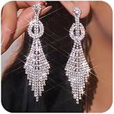Octwine Women Silver Rhinestone Tassel Earrings Sparkly Rhinestone Chandelier Dangle Drop Earrings Bridal Wedding Party Prom Silver Earrings Teardrop Dangle Earrings for Women