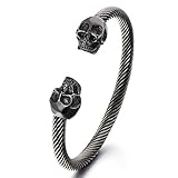Unique Elastic Adjustable Mens Black Skull Cuff Bangle Stainless Steel Twisted Cable Bracelet Polished