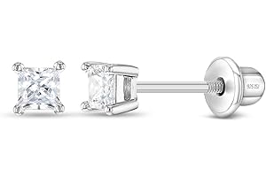 In Season Jewelry Princess Square Cut Kids Earrings - 925 Sterling Silver Hypoallergenic Earrings for Girls with Safety Screw Backs - Safe & Comfortable for Toddlers, Kids & Little Girls, 2mm-5mm