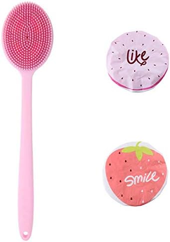Suerico Bath Body Brush Soft Silicone with Long Handle,Shower Skin Brush Back Scrubber - Set with 2 Shower Caps(Pink)