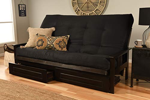 Jerry Sales Queen or Full Size Montreal Espresso Futon Frame w/ 8 Inch Innerspring Mattress Sofa Bed Wood Futons (Black Mattress, Frame, Drawers (Queen Size))